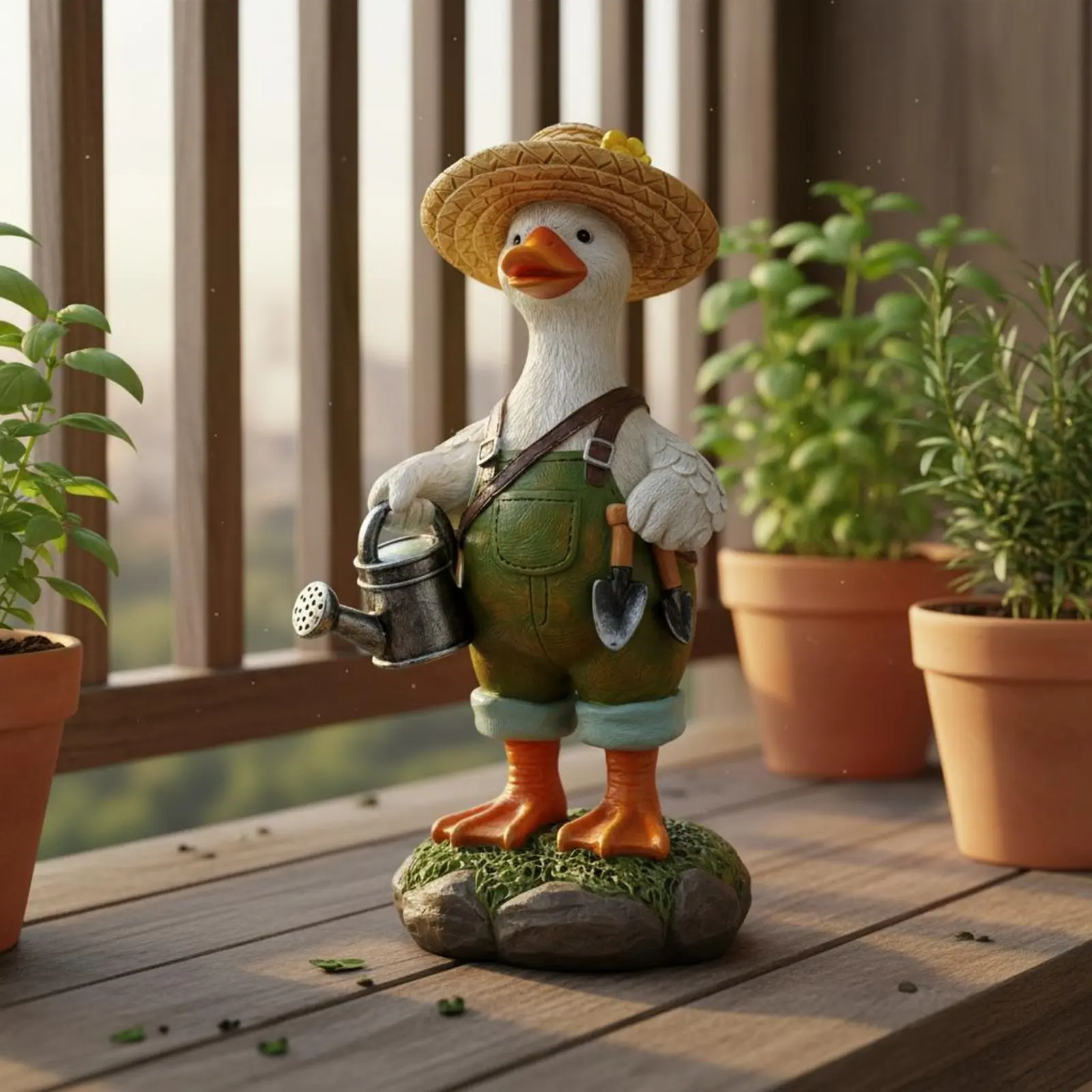 Creative Funny Gardener Duck Statue Resin Figurine Ornament for Outdoor Yard Lawn Patio Balcony Garden Flower Pot Decoration
