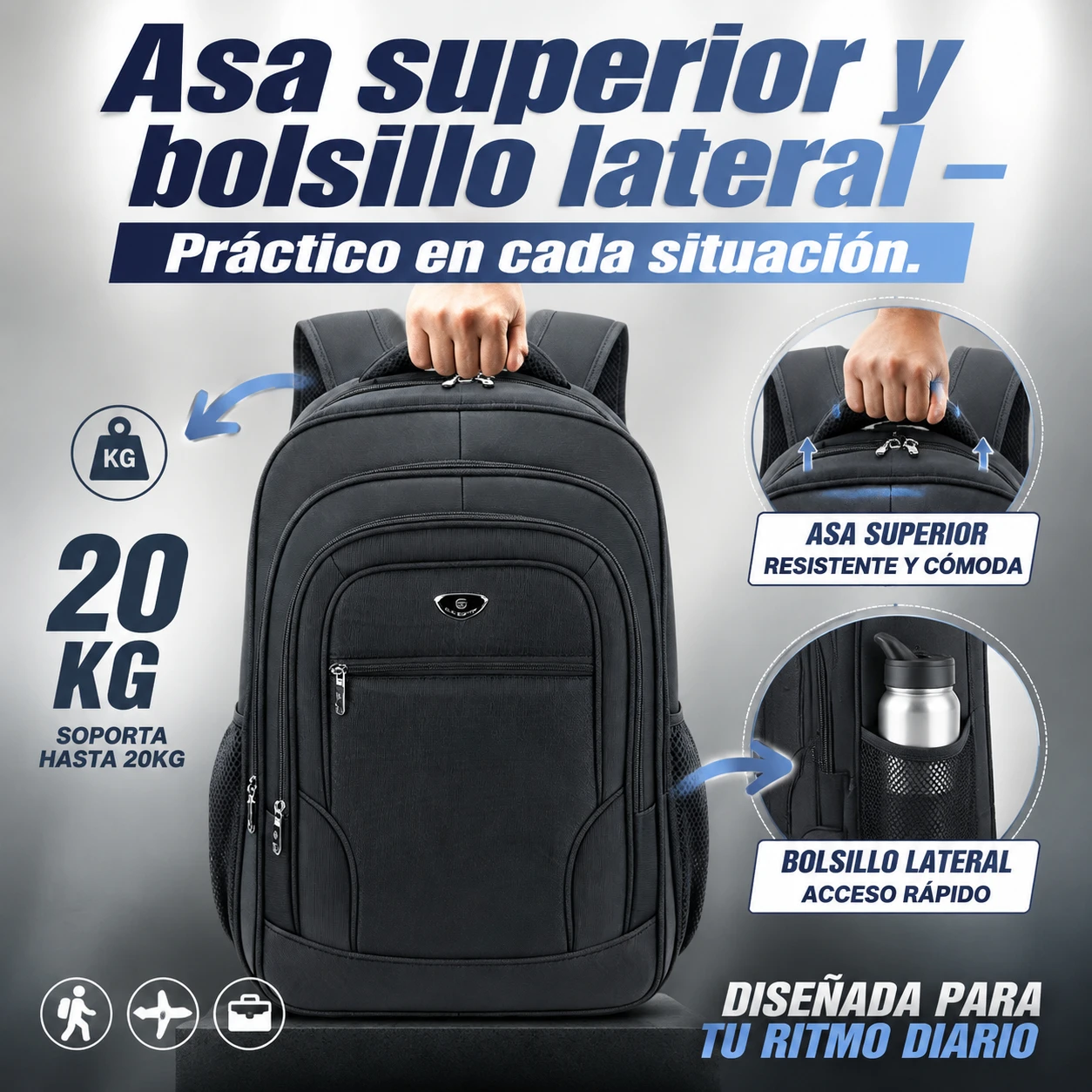 Sac à dos décontracté en tissu résistant 60×38×20 cm avec plusieurs compartiments et poches latérales, design ergonomique ultraléger avec poignée supérieure pour les voyages, le travail et les activités de plein air