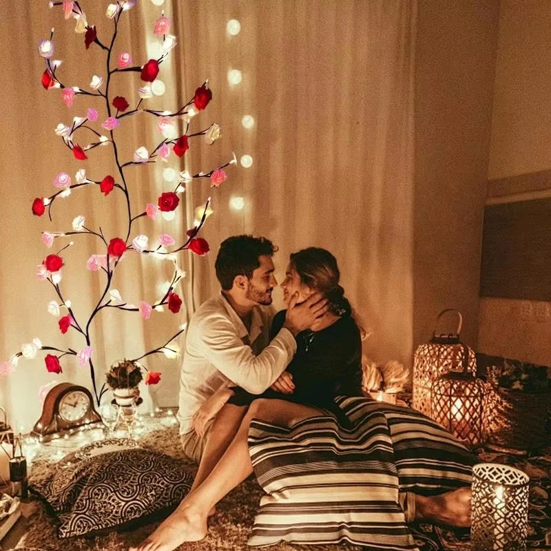 مصباح فرع LED وردي للجدران - إكليل زخرفي لفرع الصفصاف على شكل زهرة الورد مع 96 مصباح LED وجهاز تحكم عن بعد، 8 إضاءة م #5