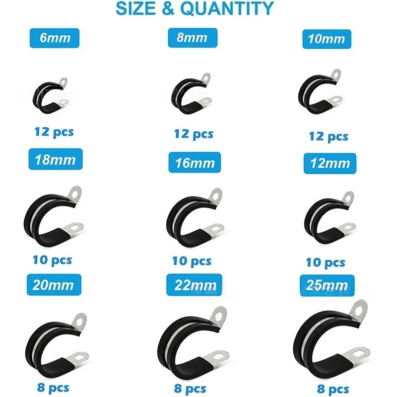 90PCS Cable Clamps Kit 6/8/10/12/16/18/20/22/25mm Stainless Steel Rubber Cable Clamp,Automotive Wire Pipe Clamps