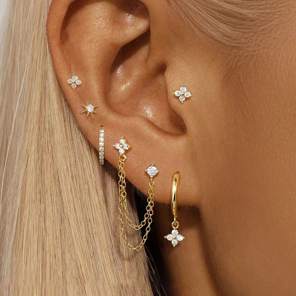 6Pcs Flower Dangle Hoop Stud Stackable Earrings for Women