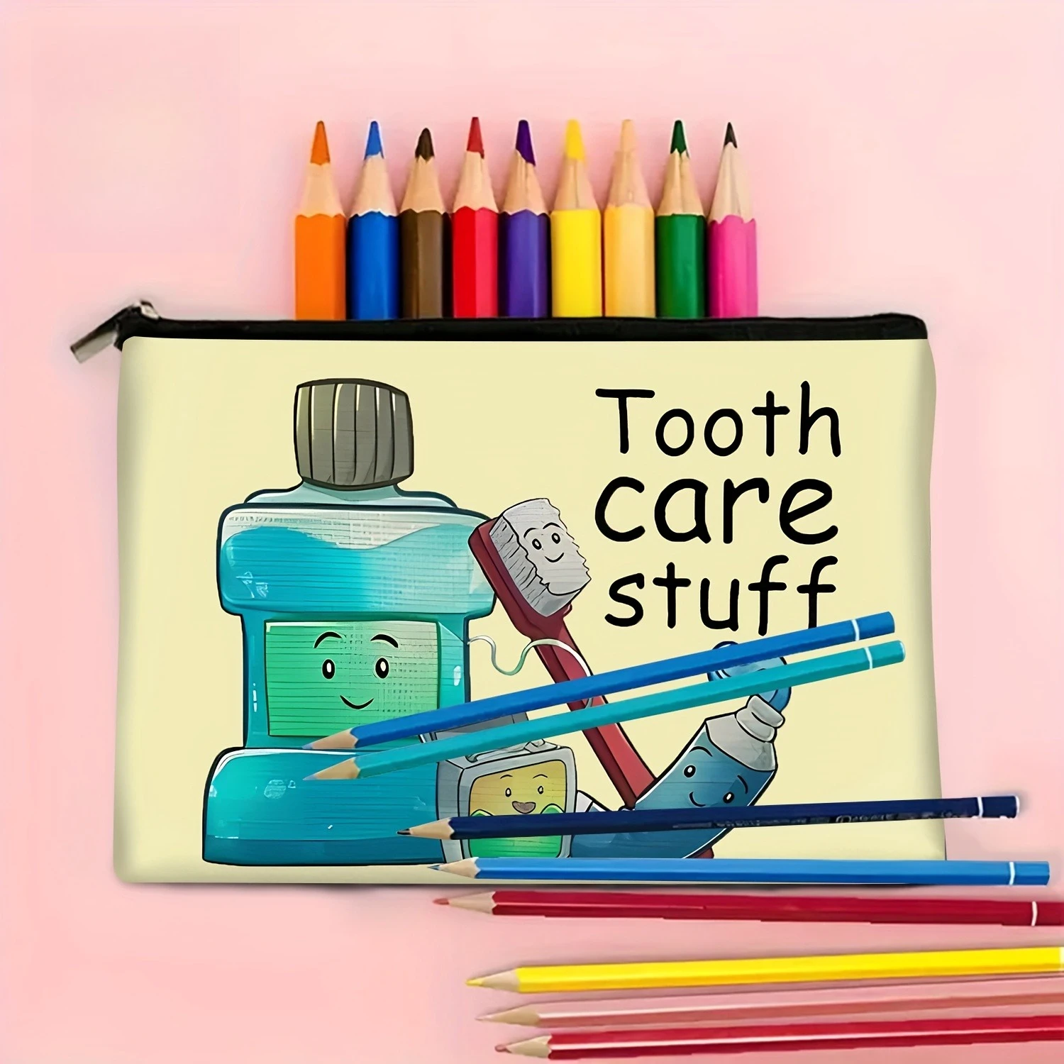 1Pc Cute Cartoon Oral Health Retro Design Multifunctional Travel Makeup Bag, Snack Storage Bag, Stationery Storage Bag, Fashionable Toiletry Bag, Canvas Double-Sided Printed Zipper Pouch