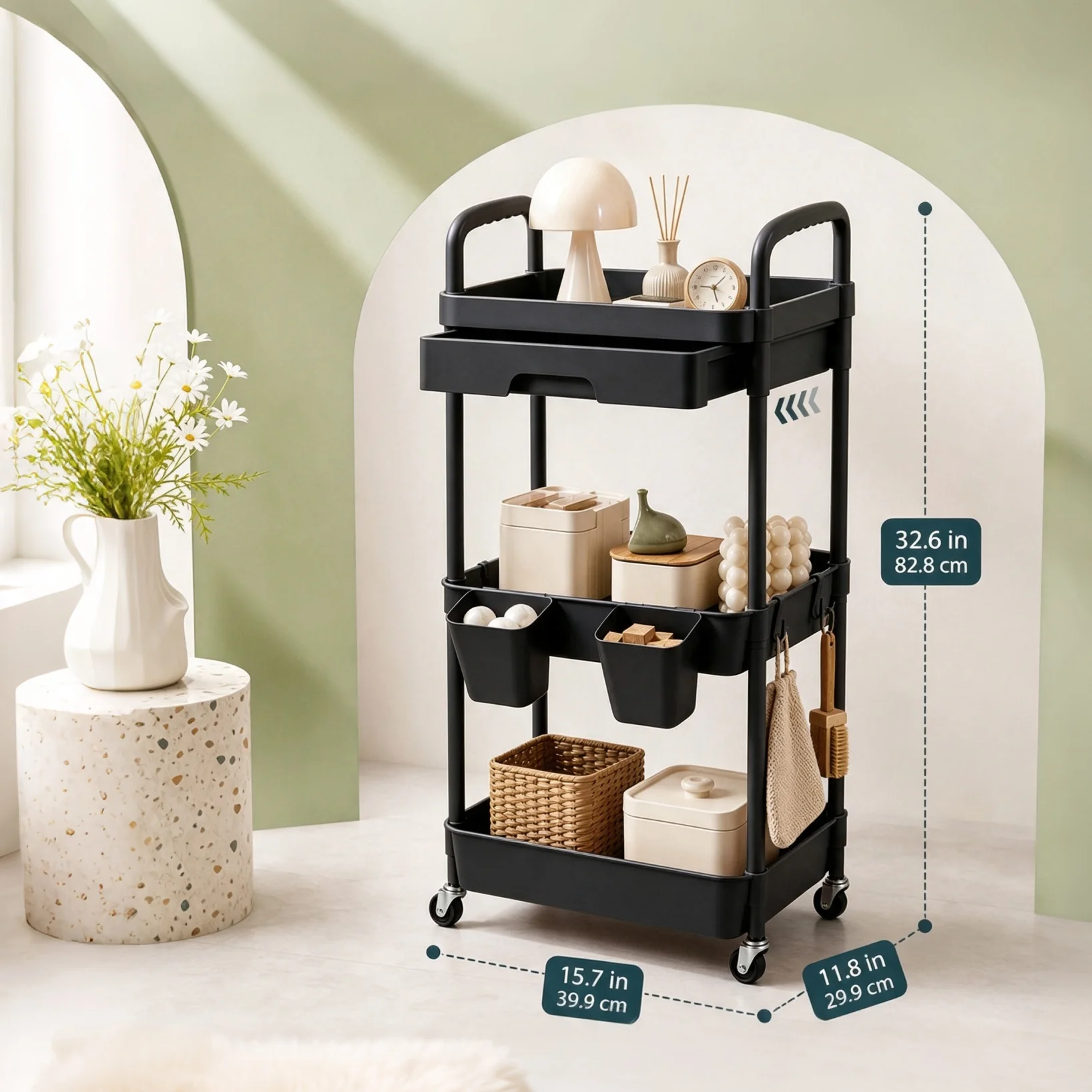 3-Tier Rolling Storage Cart With Pull-out Drawer Lockable Wheels Detachable Hanging Cups Multifunctional Mobile Organizer Trolley for Kitchen Bathroom Living Room