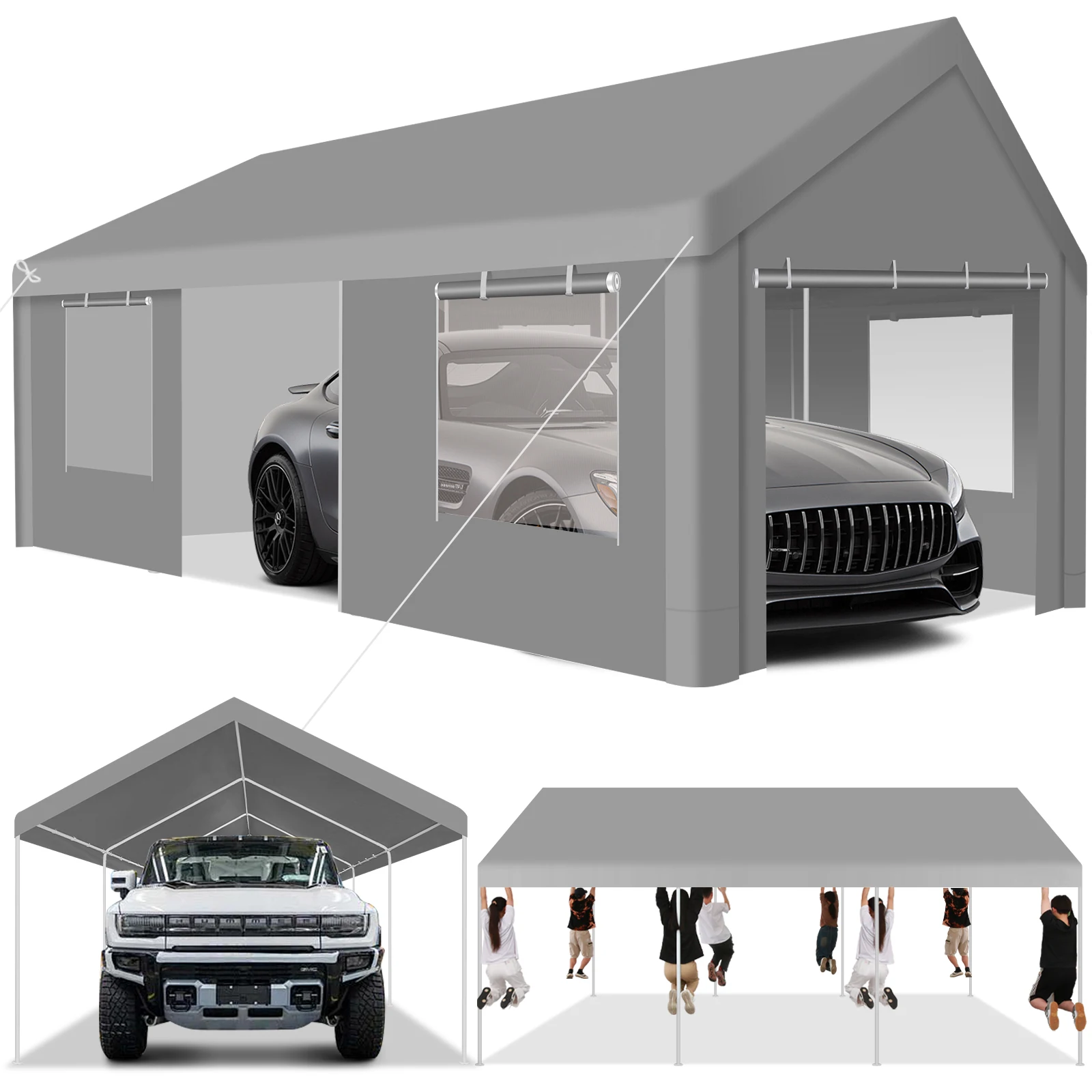 

12x20ft Carport Heavy Duty, Portable Garage with Removable Sidewalls (Machine Washable), Ventilated Windows & Built-in Sandbags