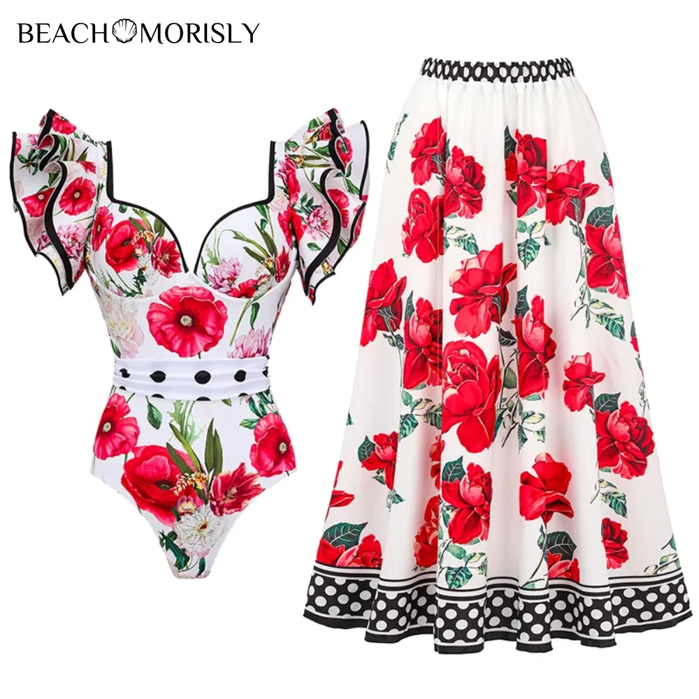 2024 Ruffled Rose Printed One Piece Swimsuit and Skirt Swimwear Set Women Beachwear Luxury Bathing Suit