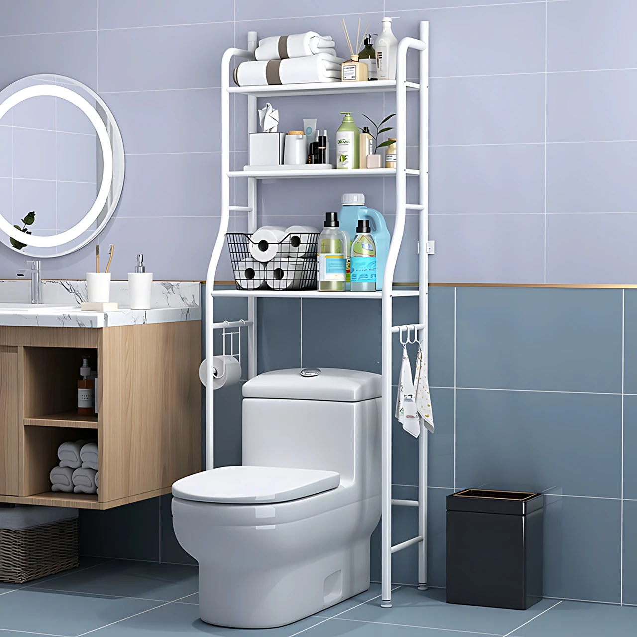 Estante Organizador Blanco para Baño – Soporte sobre Inodoro, Ahorro de Espacio con Almohadilla Ajustable, Metal Resistente y Duradero