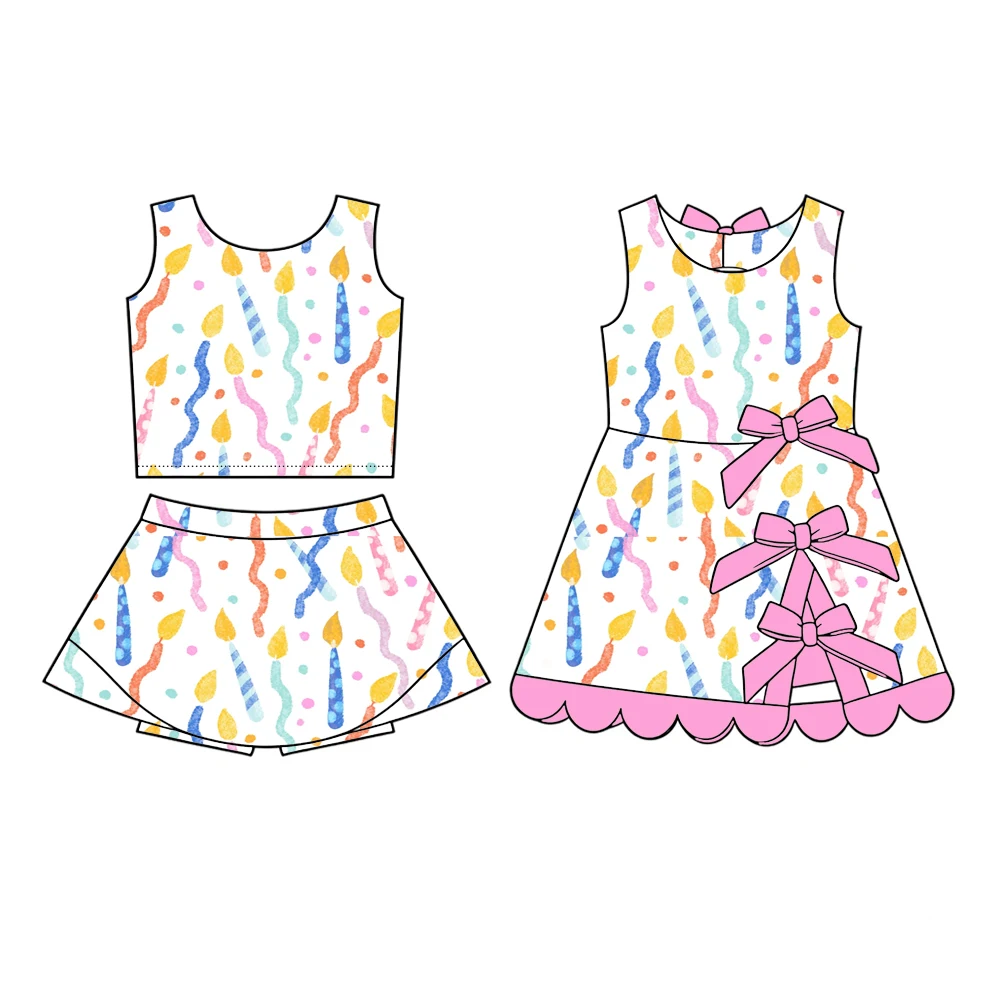 Birthday Theme Boutique Kids Set Top Paired Short Skirt Girls Set Bow Decoration Dress Candle Cake Print Girl Dress and Set