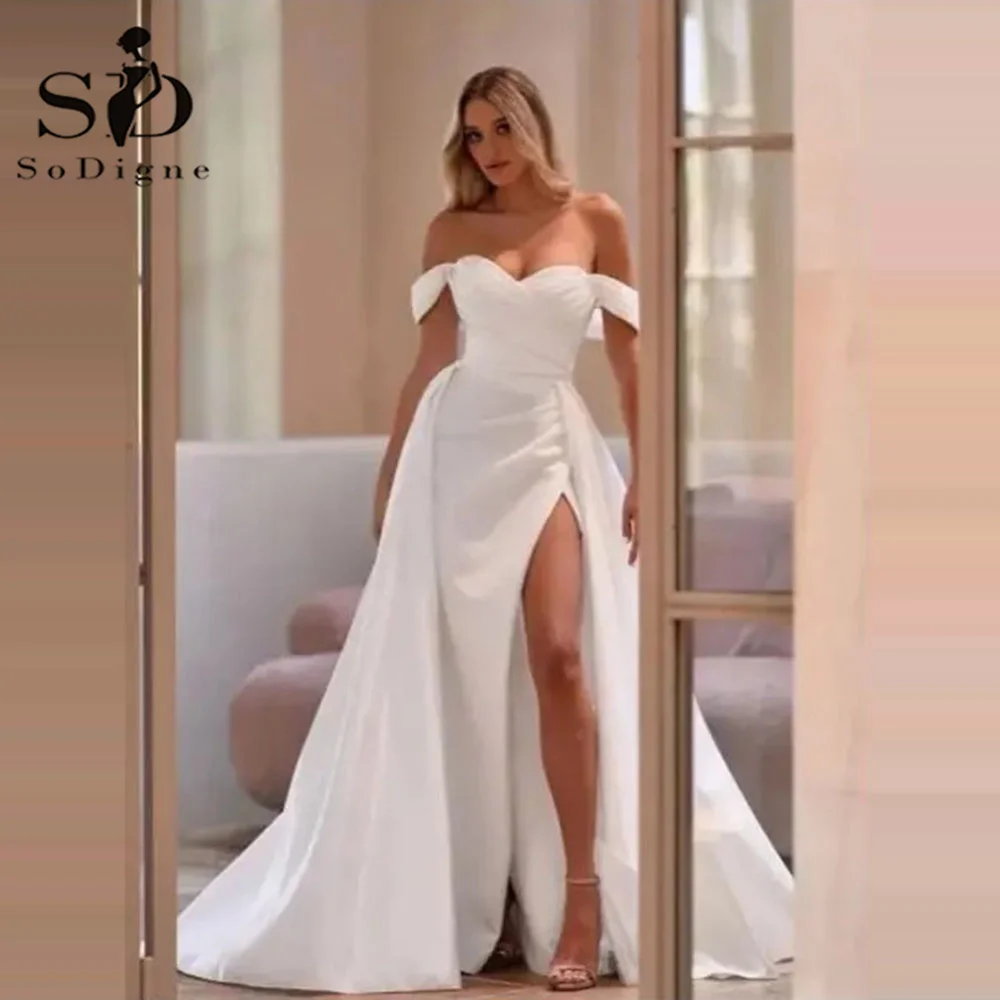 SoDigne Simple Wedding Gowns Women Off Shouder Side Split With Detachable Train Wedding Dresses Satin Brides Dress Customized