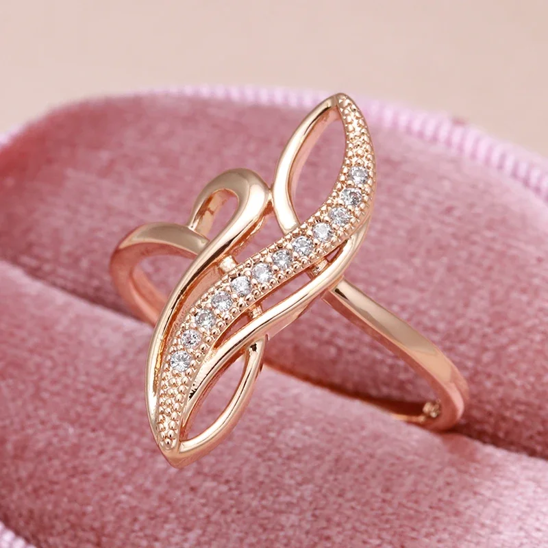 Neue 585 Rose Gold Weiß Zirkon Ringe Stein Cut Micro Diamant Serpentine Hohl Ringe Elegante Kurve