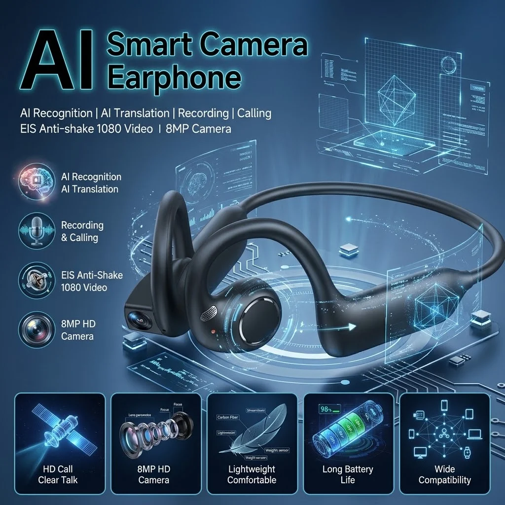 Outdoor Sport Camera - Auricolari Bluetooth con Fotocamera AI Intelligente,