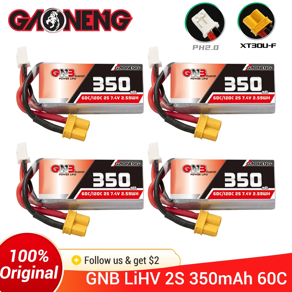 GNB 2S 350mAh 60C 7.4V بطارية ليبو PH2.0/XT30 لـ 1:28 RC WLtoys K969 K989 سيارات صغيرة FPV Whoop Drone