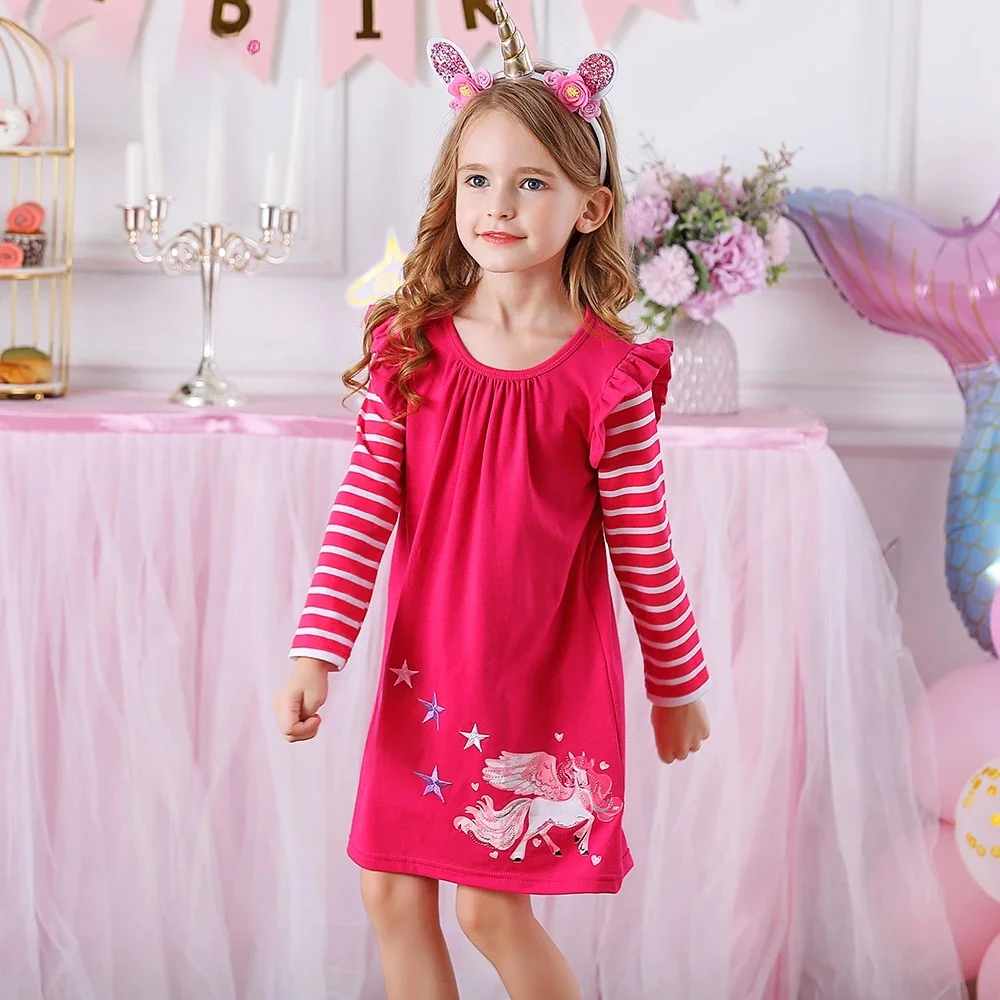 VIKITA Girls Flare Sleeve Autumn Spring Dress Kids Licorne Print Striped Dress Girls Cotton Casual Daily School Straight Dresses — zdjęcie 2