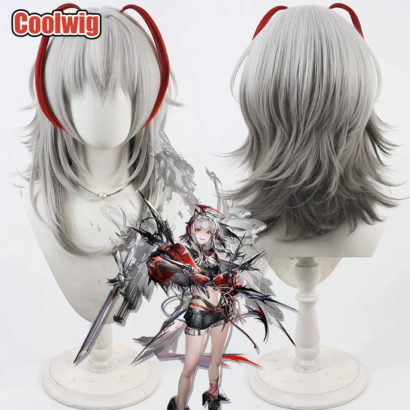 Coolwig Synthetic Hair Wisadel Cosplay Wigs Arknights Wisadel 40cm Long Straight Silver White Mixed Gray Red Wig Heat Resistant