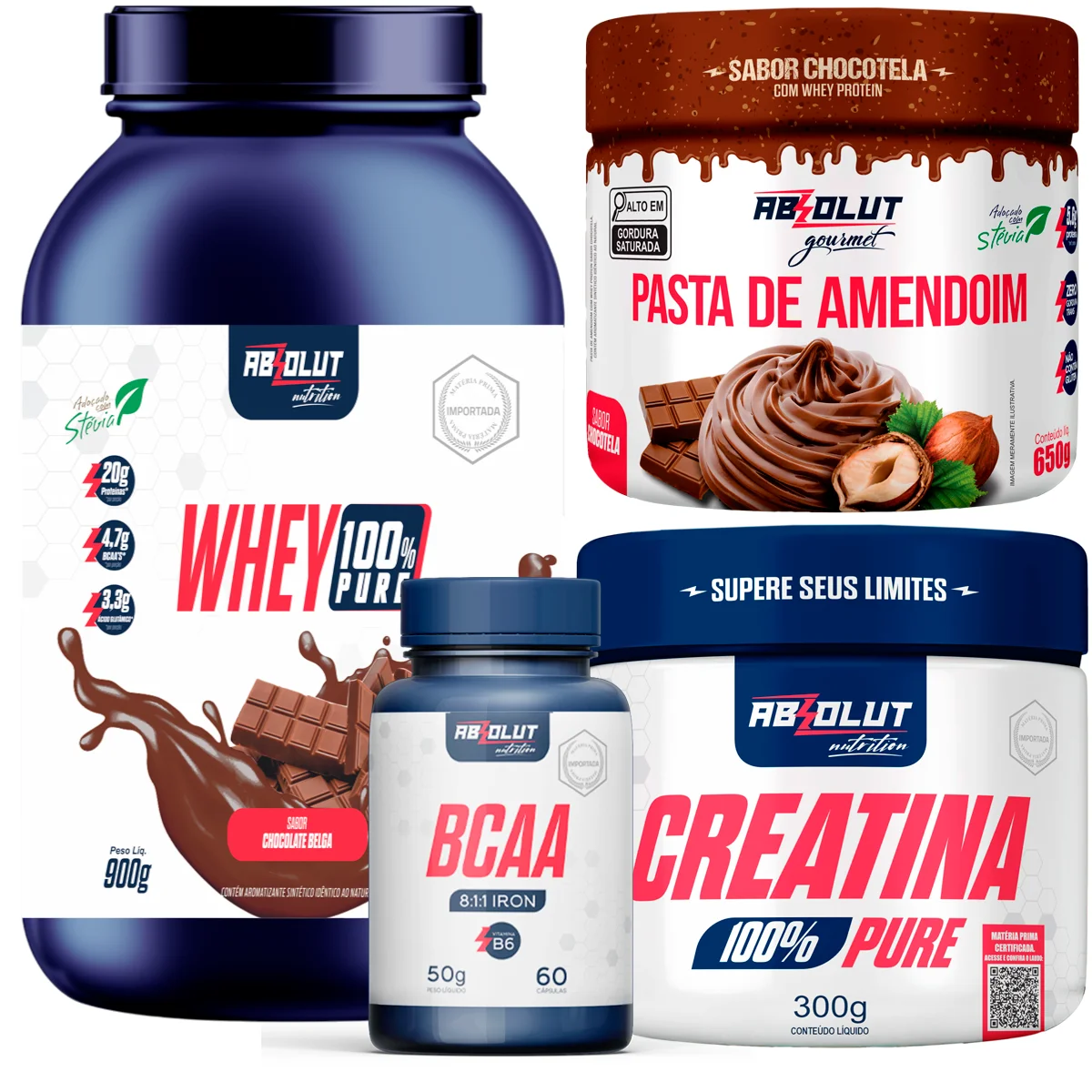 Creatine Kit 300g + Whey 900g + Bcaa 60caps + Peanut Paste