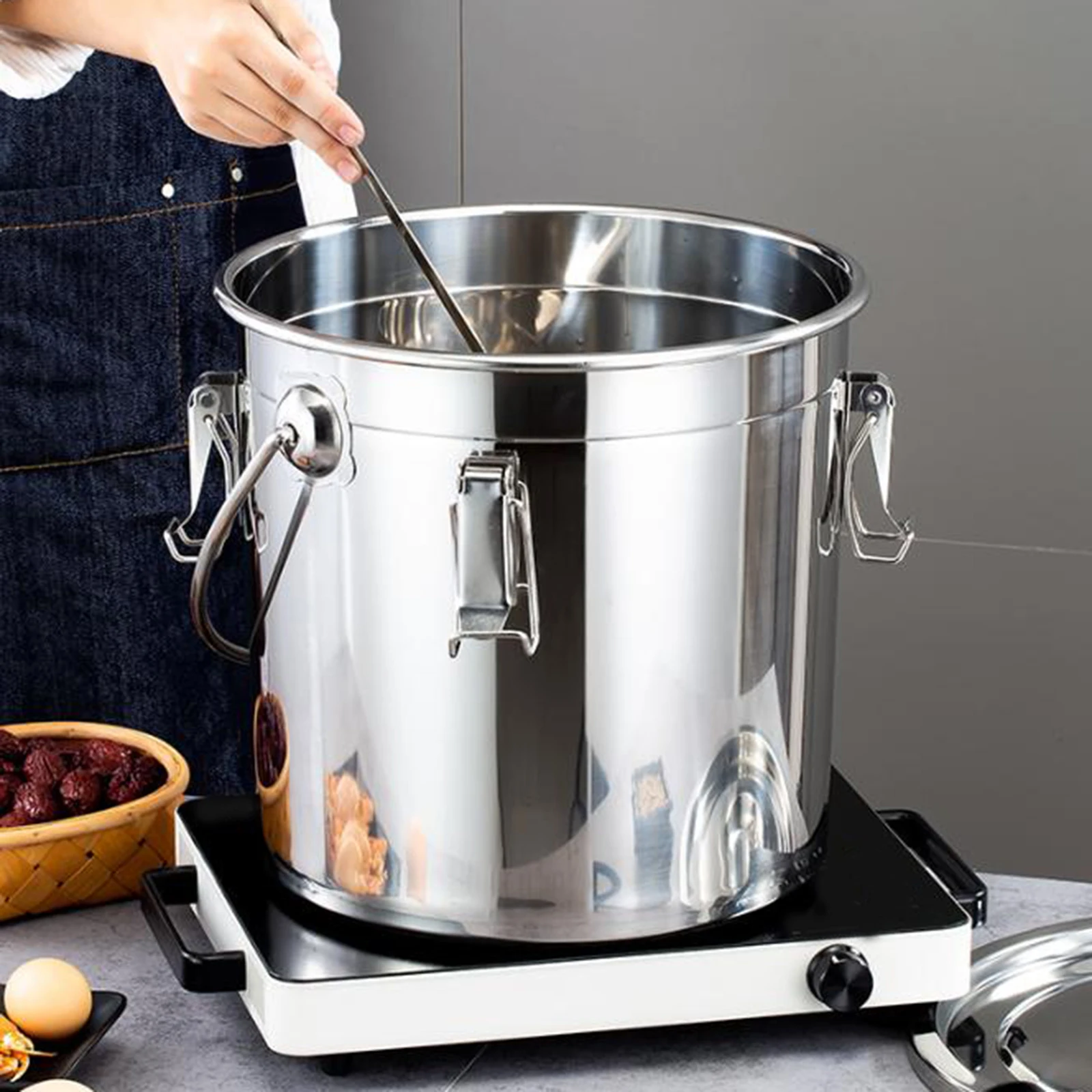 304 Stainless Steel Sealed Bucket Storage Container Soup Pot Canning Pasta Pot With Lid Cover Airtight With Handle Easy Cleaning