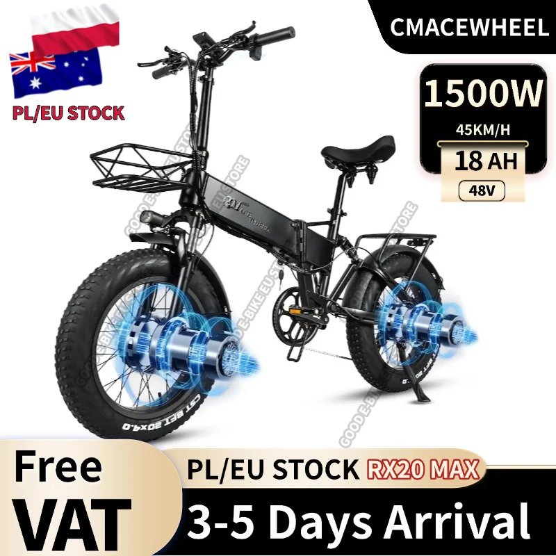 Cmacewheel RX20 MAX Bici Elettrica Pieghevole 2x750W 48V 18Ah CST 20*4.0 Pollici Pneumatici Grassi Pieghevoli E-bike Freni Idraulici 7 Marce