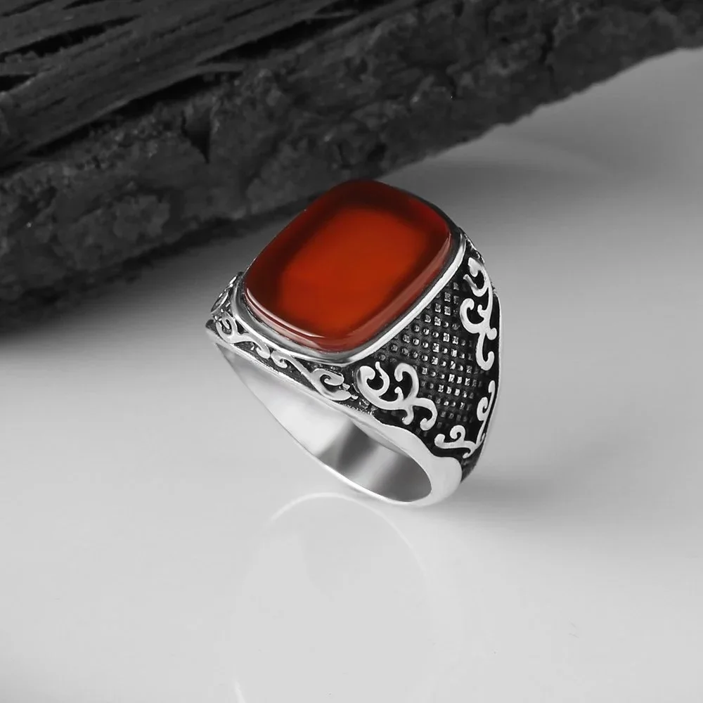 Real 925 Sterling Silver Natural Stone Ring For Men Zircon Agate Gemstone Jewelry Fashion Vintage Gift Male Accessory All Size