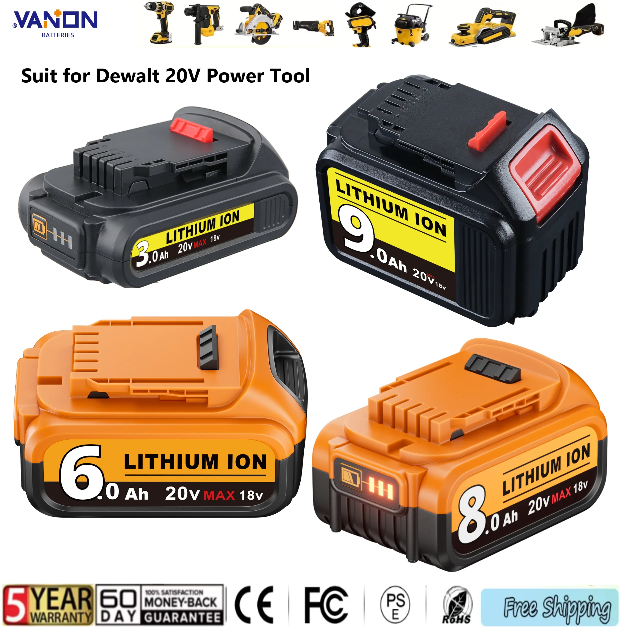 

Аккумулятор VANON 20В для электроинструмента (замена Dewalt), литиевая батарея 18650, совместим с DCB206, DCB200, DCB205, DCB201