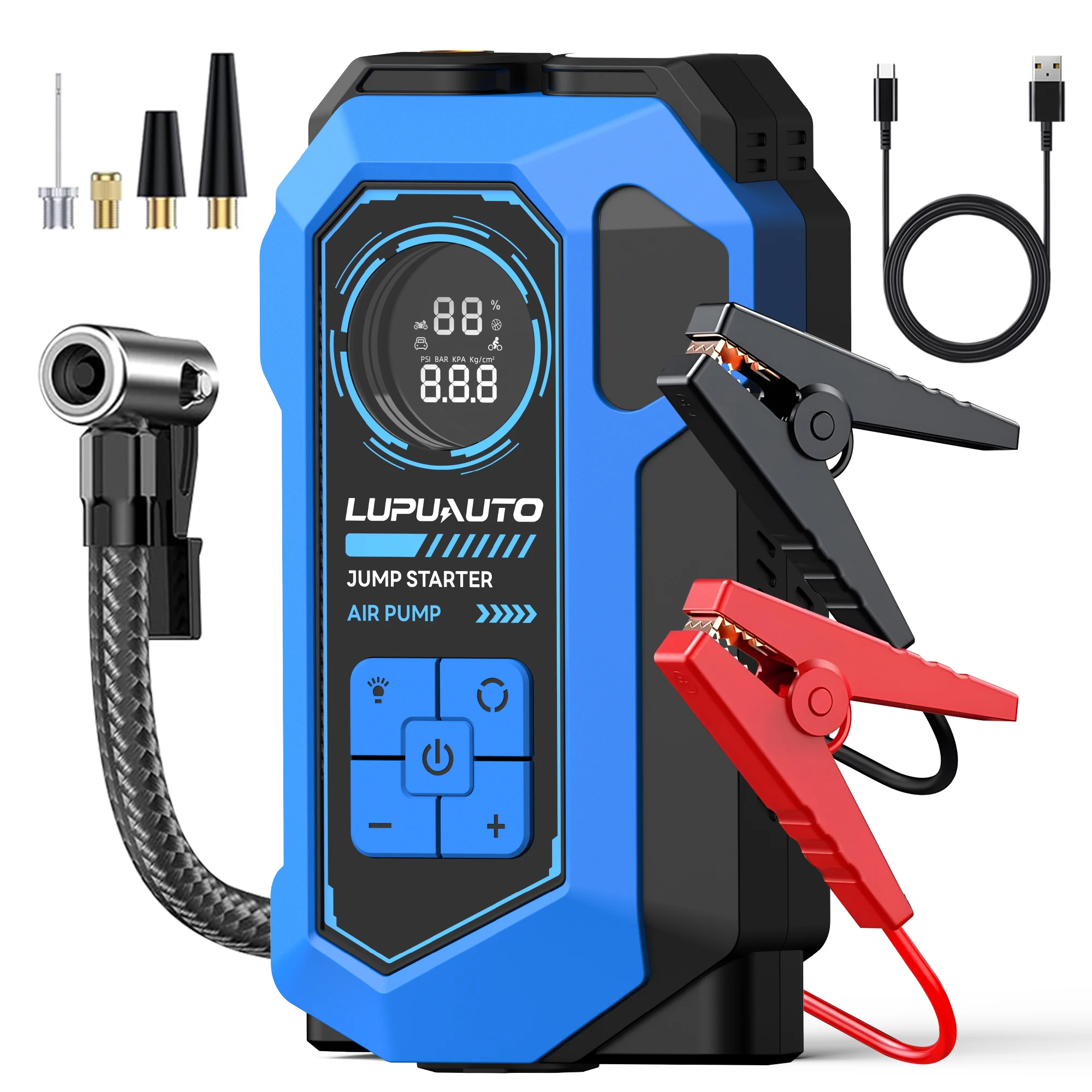 5000A Car Jump Starter with Air Compressor 150PSI Auto Tire Inflator, Large LCD Display, LED Light, for Cars, Bike & Motorcycle