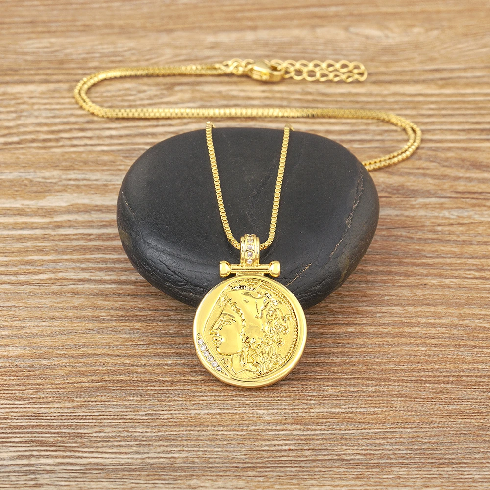AIBEF Roman Figure Relief Coin Pendant Women Copper Gold Color Necklace Jewelry Accessories Vintage Exquisite Gift Sweater Chain image 3