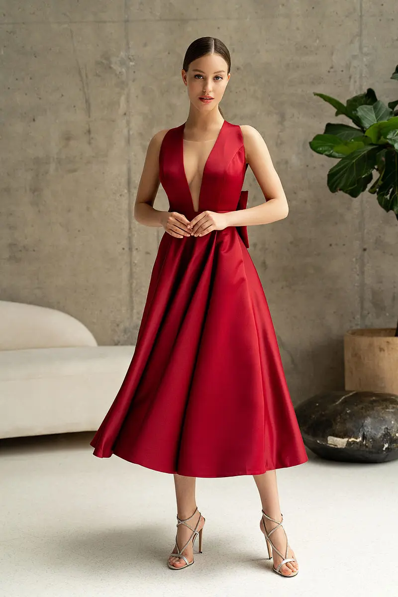 

Sexy Sleeveless V-Neck Formal Evening Dress with BOW Amazing Midi Wedding Dresses A-Line Sheath Knee-Length Prom Dresses