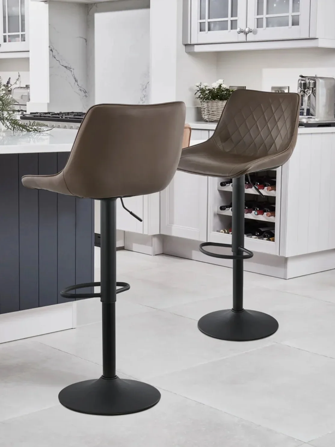 Modern Swivel Bar Stools Set of 2, Brown Faux Leather with Quilted Backrest and Black Metal Base, Elegance Adjustable