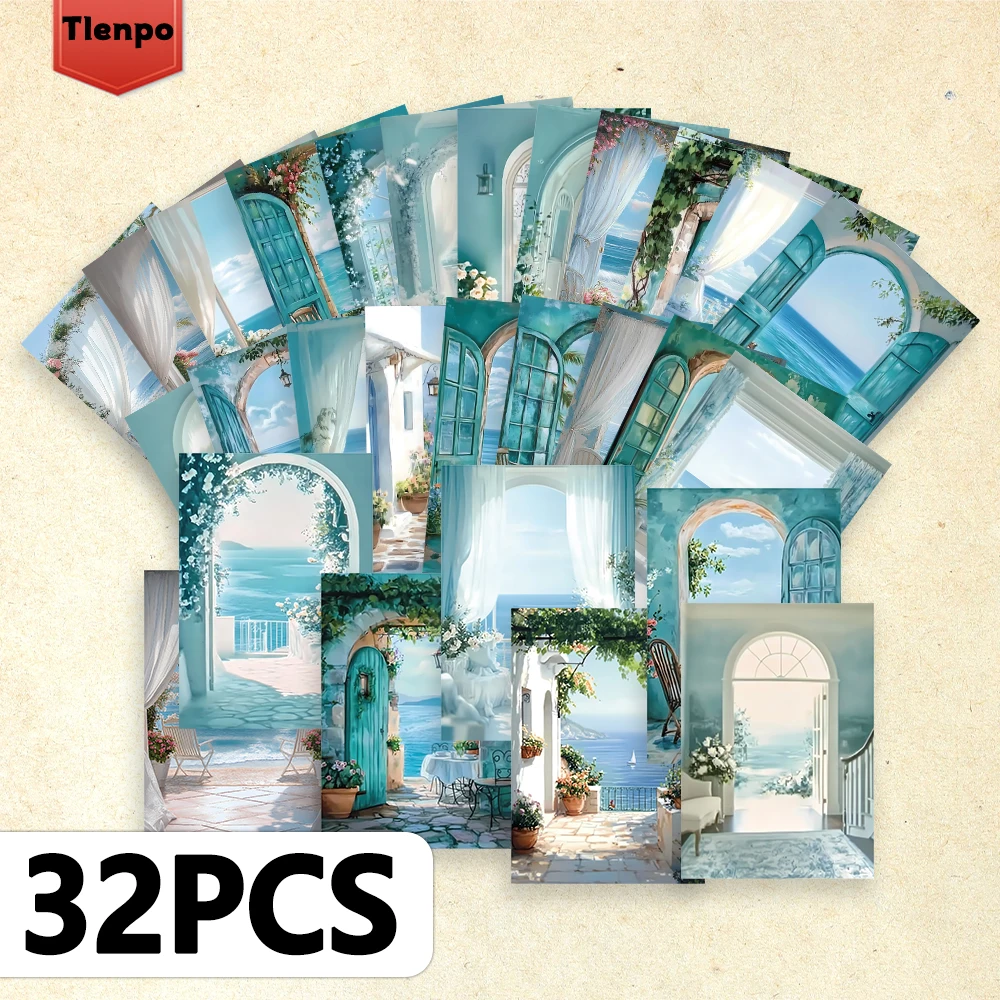 

32 шт., синяя открытка с видом на окно, наклейки для украшения комнаты, материал для брошюр, сувениры, коллекционные предметы и почтовые расходы.