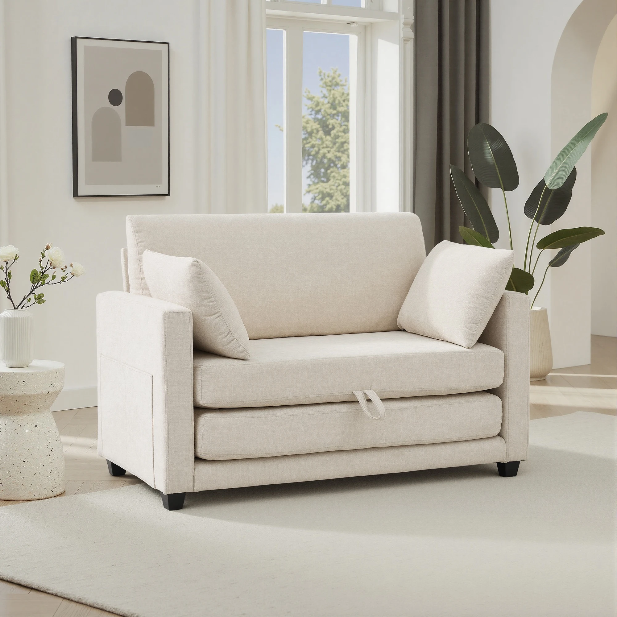 Beige Small Space 2‑in‑1 Loveseat Sleeper Sofa, Pull‑Out Fabric Sofa Bed, Vacuum Compressed No Assembly Couch with Sturdy Solid Wood Frame