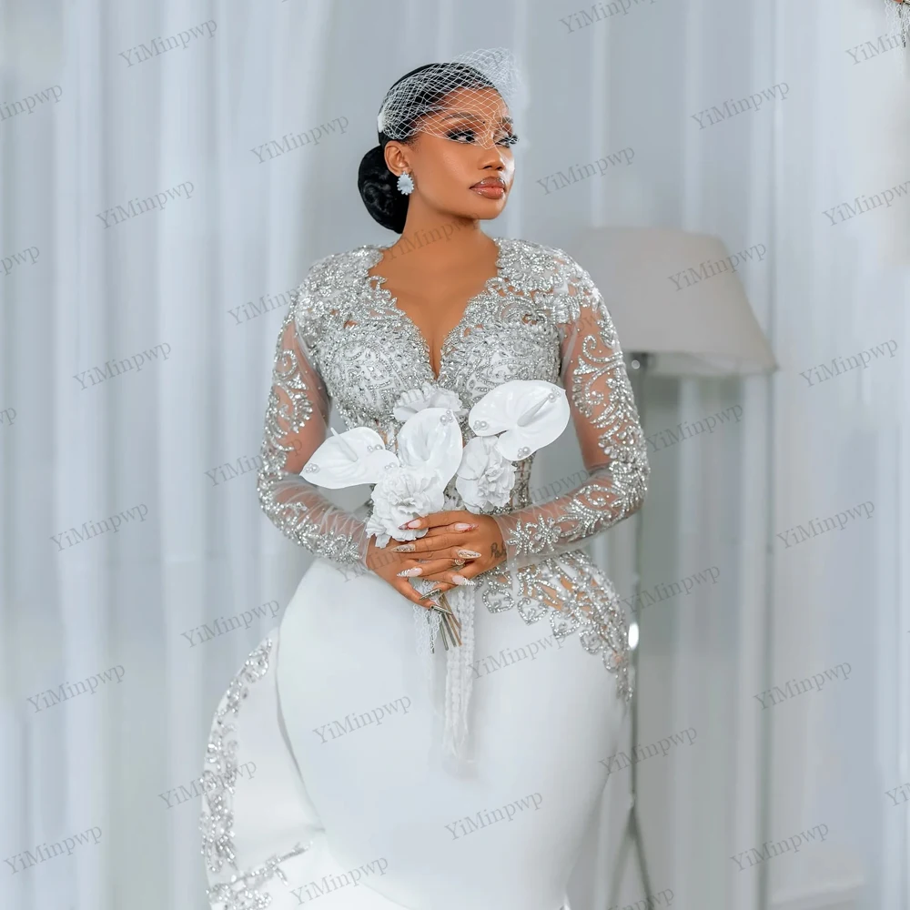 2026 Civil Mermaid Wedding Dresses for Women Bride Long Sleeves Rhinestone Tea Length Aso Ebi Bridal Reception Gowns Customized image 5