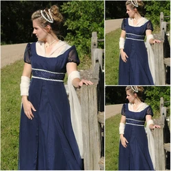 Women Waist Gowns Regency Era Dress Jane Austen Vintage Dress High Waistline Tea Party Dress Gown Blue Dress