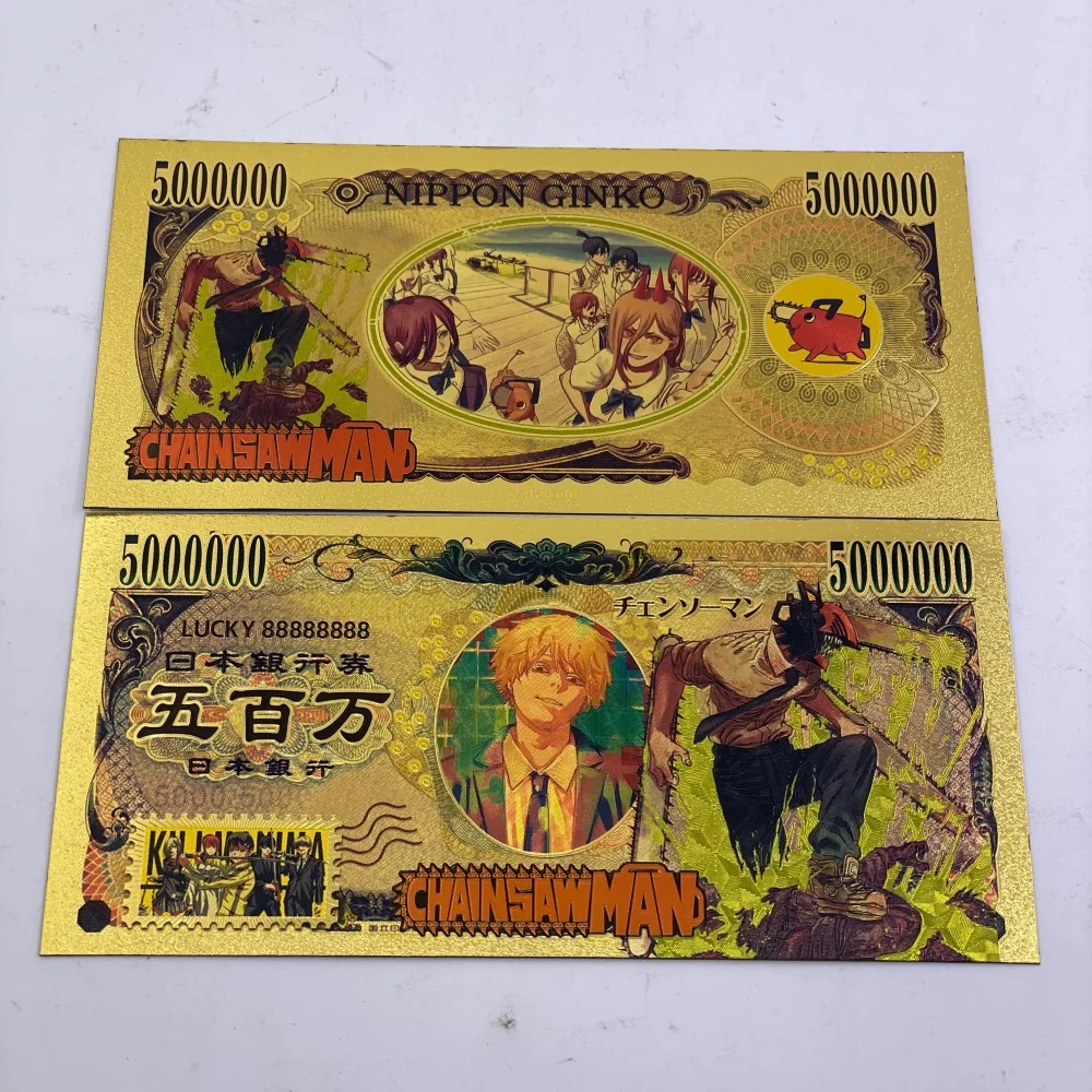 ธนบัตรลาย Chainsaw Man 15designs แบบฟอยล์สีทอง ของสะสมอนิเมะ ตัวละครเด็นจิ/พาวเวอร์/มาคิมะ ของที่ระลึกจากมังงะ ของขวัญสำหรับแฟนๆ ของสะสม