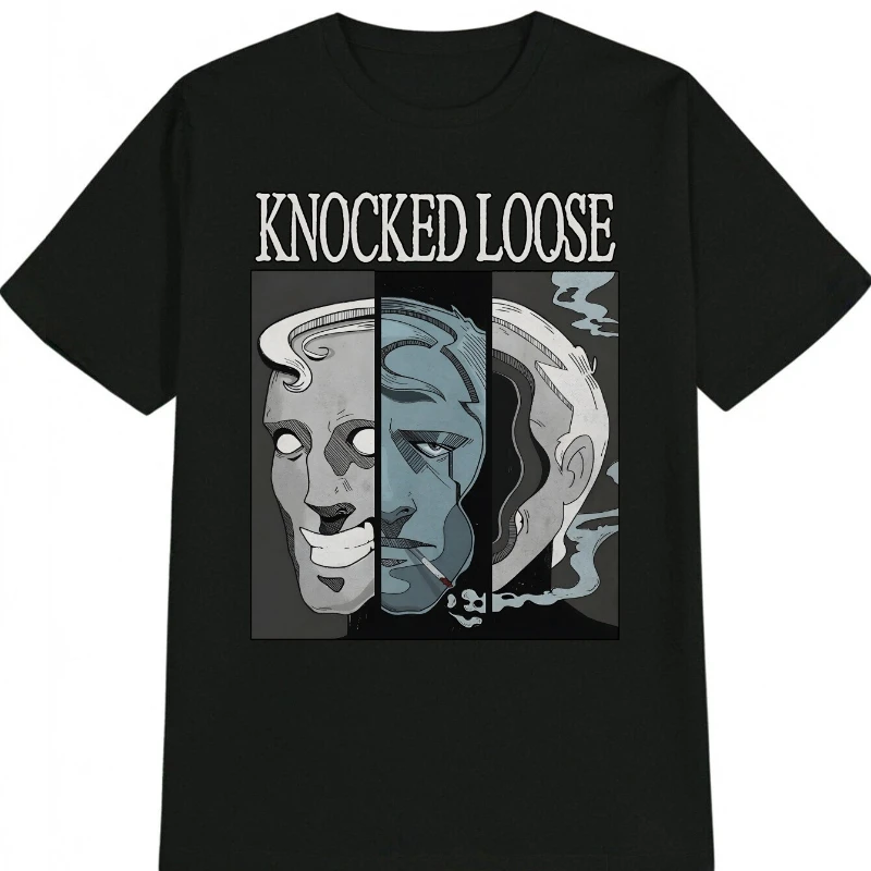 

Men's Casual Versatile Round Neck Pure Cotton T-Shirt Three Male Faces KNOCKED LOOSE Print Design Men's Top Gift for Men