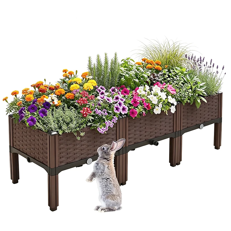 Ergonomic Elevated Raised Garden Bed, Large Planting Bed,Rattan Texture Plastic Planter Box with Support Legs, No Bend Gardening Planter for Growing Veggies, Herbs, Flowers on Patio, Lawn & Backyard
