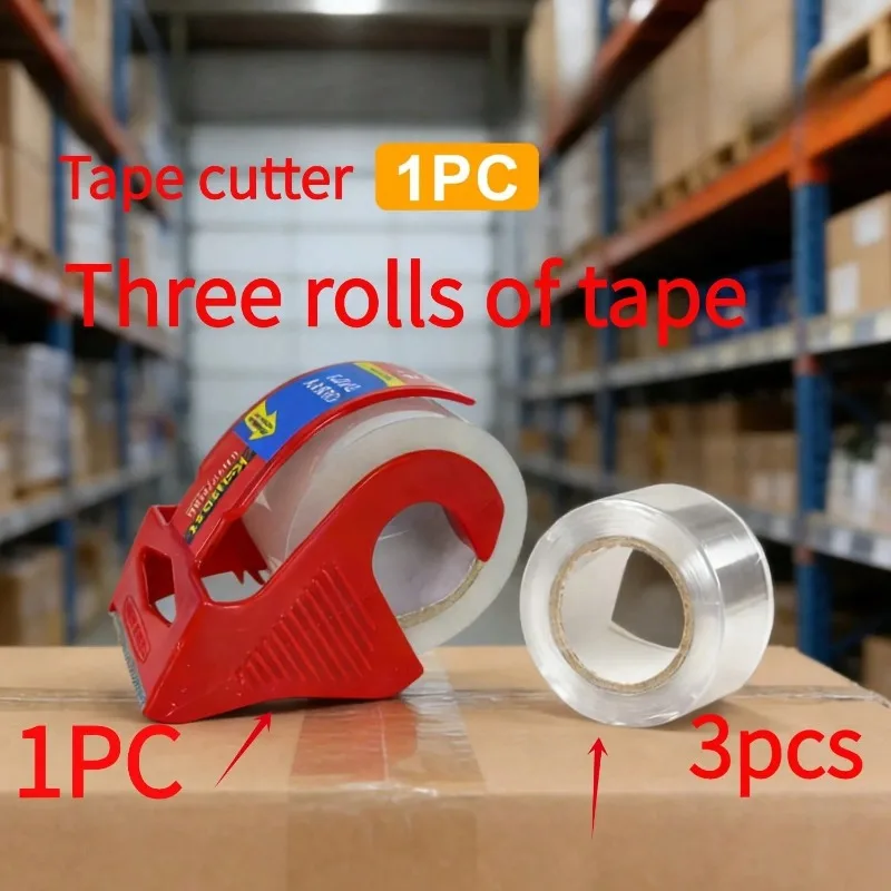 A Tape Cutter + 3 Rolls Of Heavy-Duty Packing Tape - Silent Operation, 2.7 Inches * 3.9 Inches, Strong PVC Tape - Suitable For Transportation, Packaging And Storage