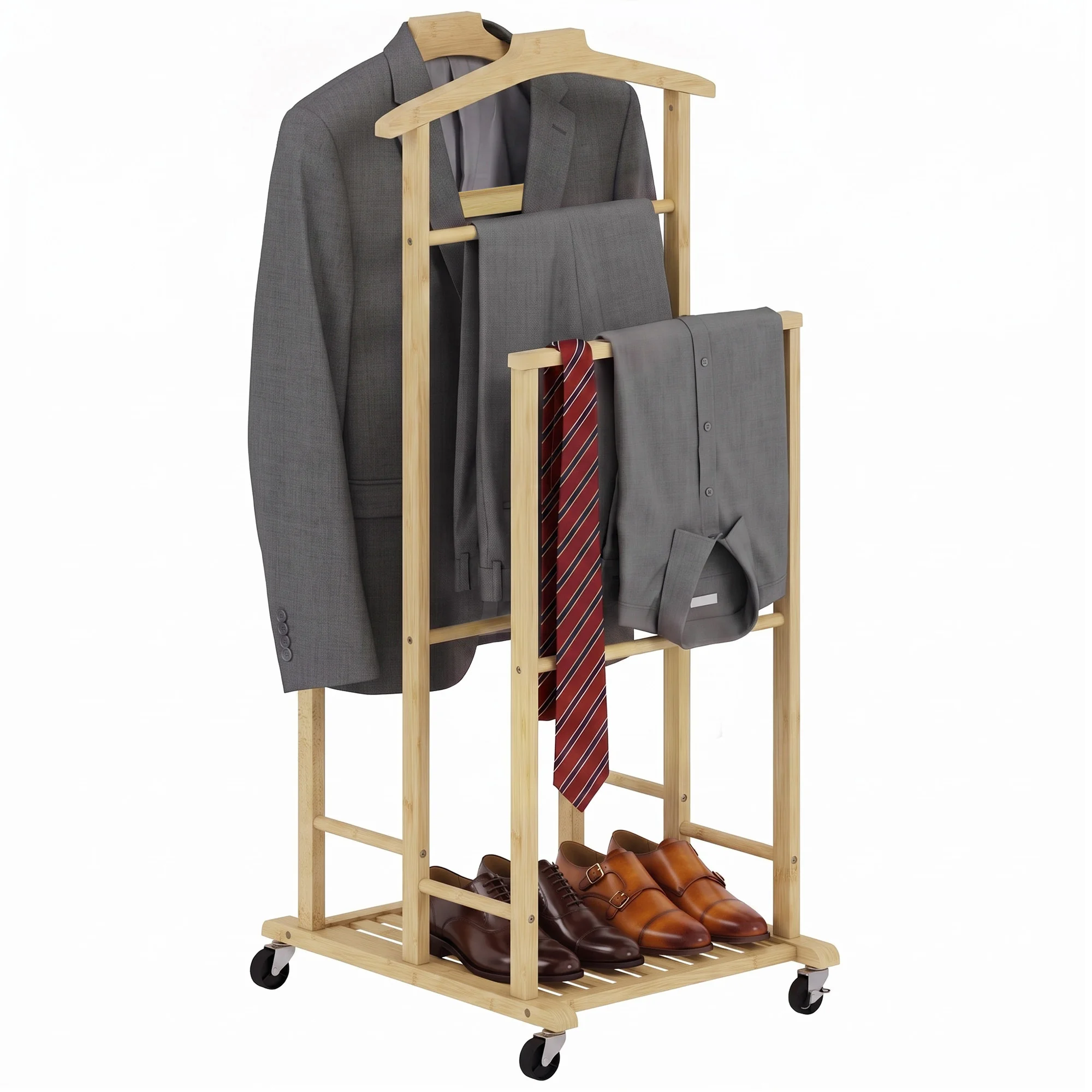Bamboe vrijstaande kapstok met wielen, hangers, stangen, bak en plank, voor slaapkamer, hal, eikenhout