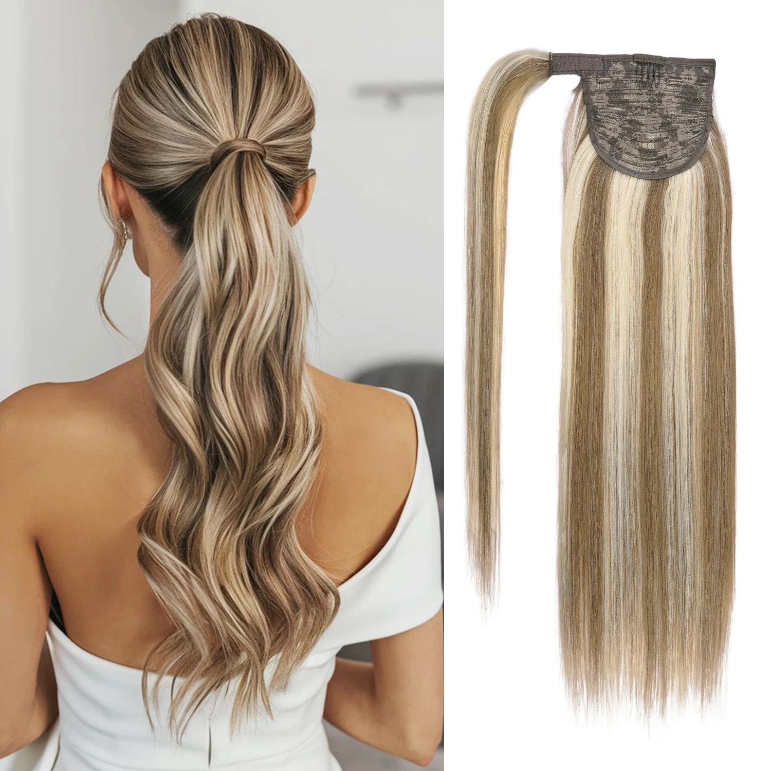 Ponytail Human Hair Extensions Long Straight Ponytail Wrap Around Clip in Handmade Real Human Hair Ponytail Extensions for Women