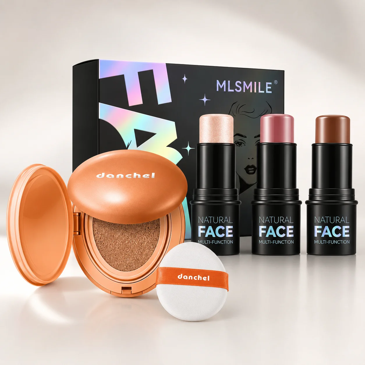 Danchel 21N Ivory Cushion Foundation with 3Pcs Highlight Blush Bronzer Stick Face Makeup Set