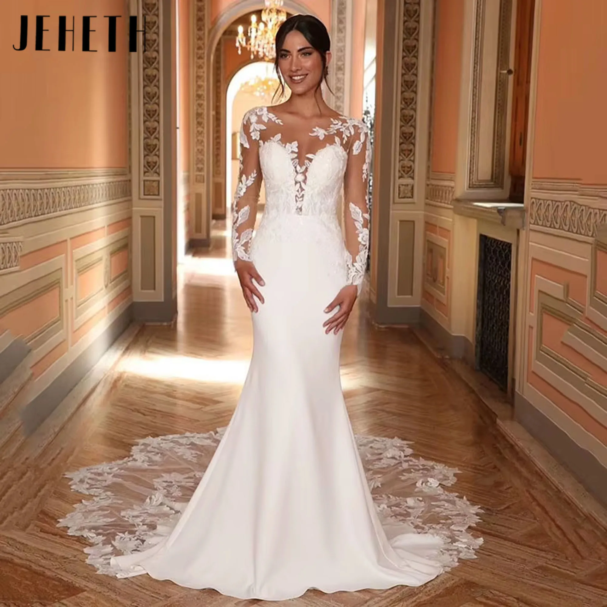 JEHETH ลูกไม้ชุดเดรสเมอร์เมด Elegant Long Sleeve ชุดเจ้าสาว vestidos de novia Vintage Gowns แต่งงาน 2025 ปรับแต่ง