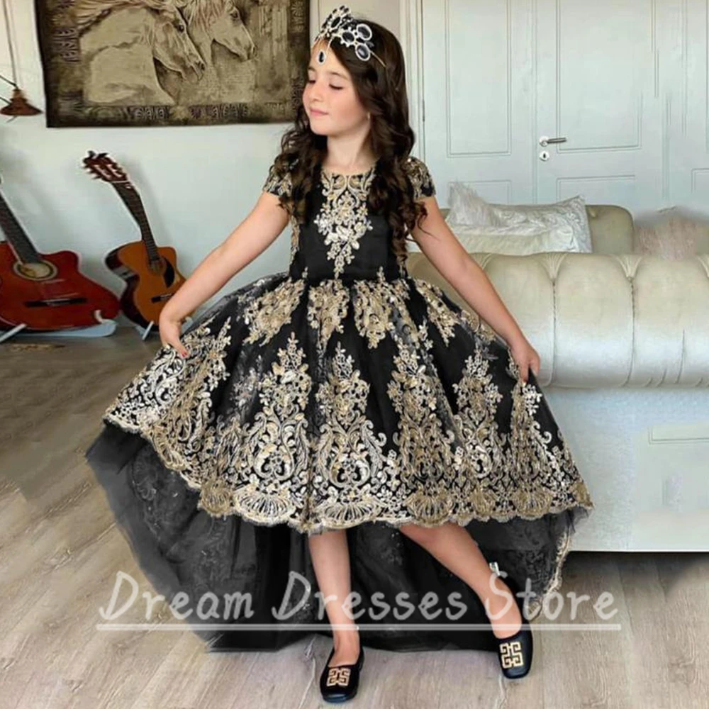 Robe à manches courtes avec appliques pour enfants, encolure dégagée asymétrique, belle robe noire, robe de luxe pour filles, fête de reconstitution historique de beauté, personnalisée, quoi que ce soit