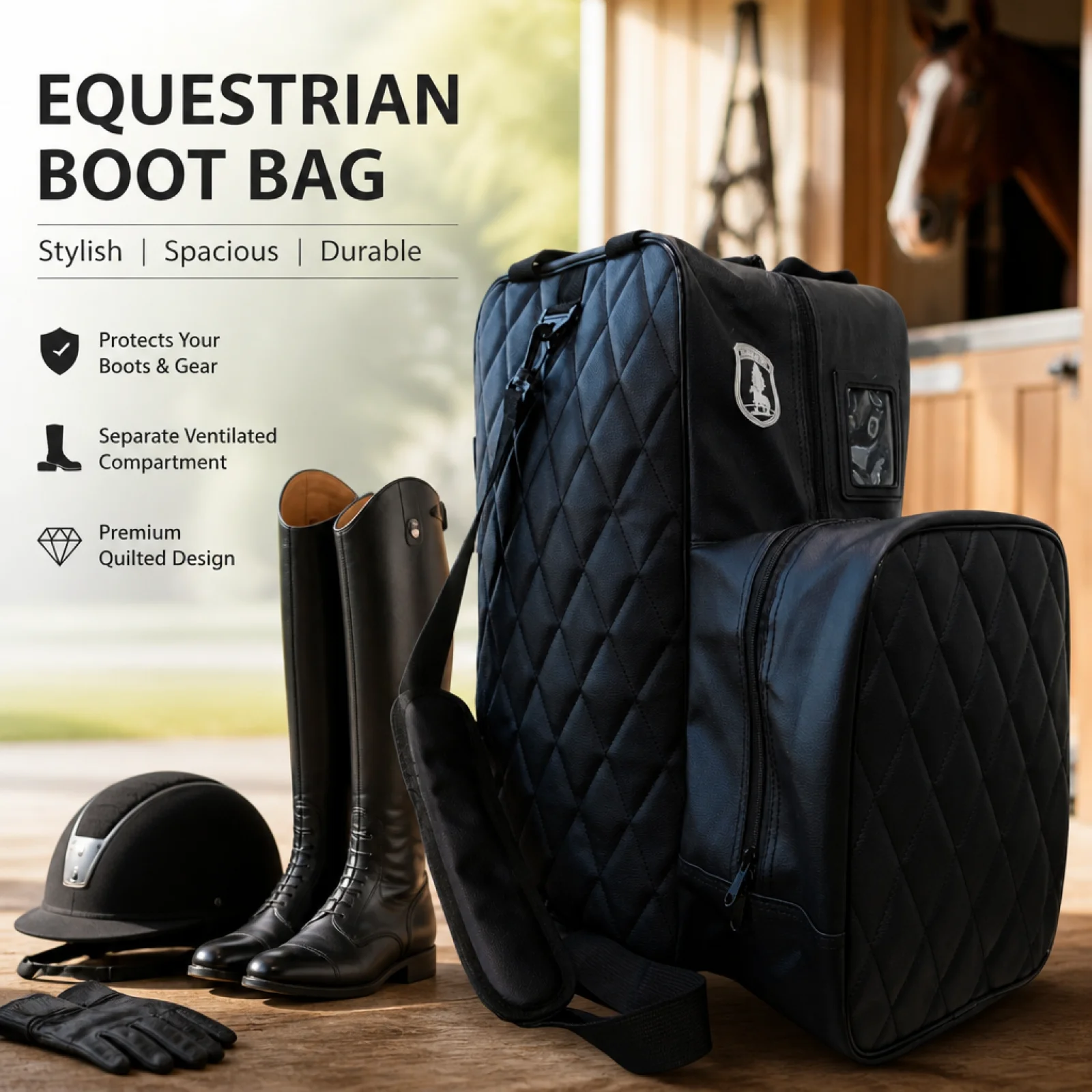 Equestrian Travel Bag Quilted Detachable Shoulder Strap Waterproof Durable Multi-compartment for Riding Competition Training