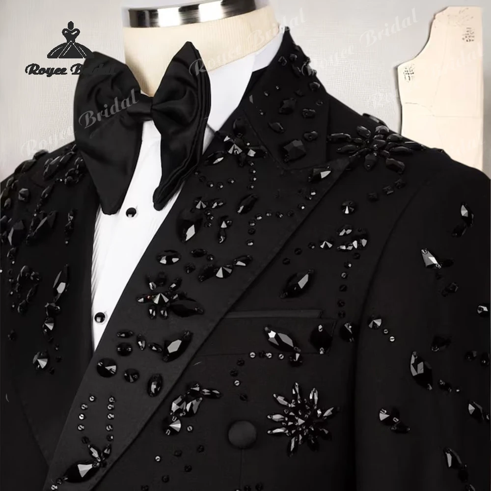 Luxe Verfraaid Tweedelige Bruiloft Heren Pak Single Breasted Kristallen Kralen Avond Prom Tuxedo Kostuum Homme Mariage
