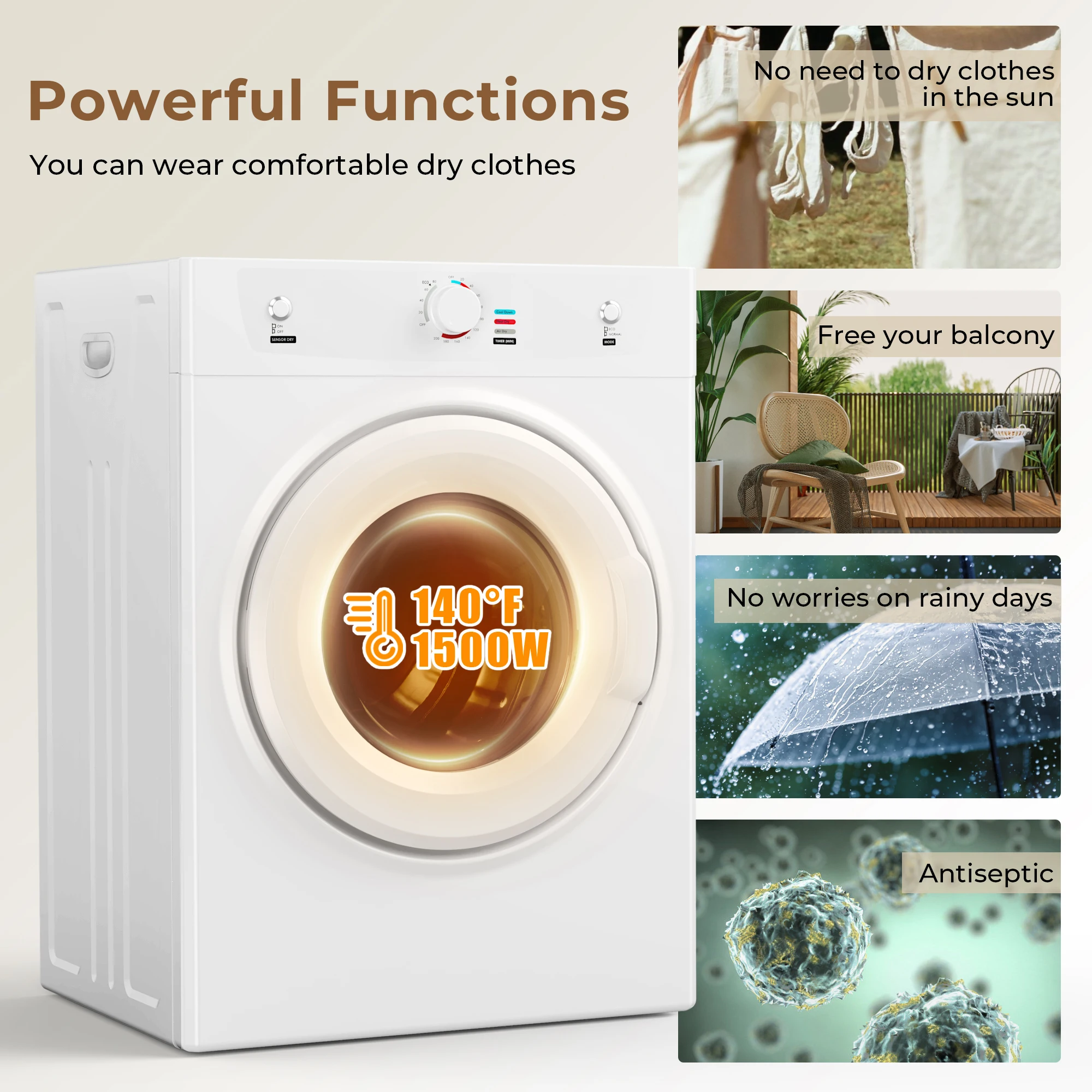 ICYGLEE Clothes Dryer 3.5Cu.Ft. 1500W Portable Dryer Stainless Steel Tumble Dryer with Exhaust Hose for Home Apartment White