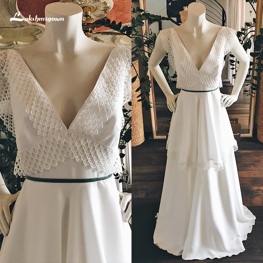 Sexy Deep V Neck Open Back Button Belt Lace Top Tiered Satin A Line Wedding Dress For Women Boho Bridal Gown Sweep Vestidos Robe