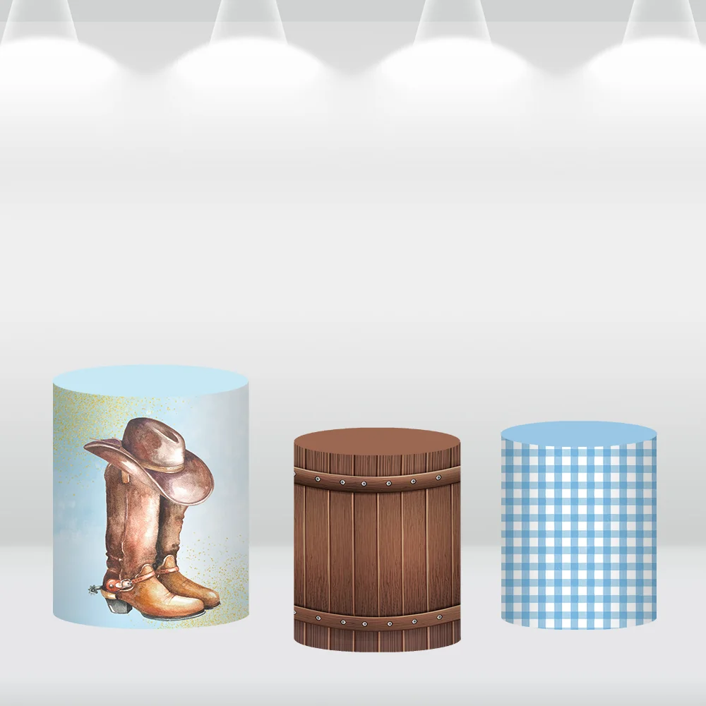 خلفية دائرية للحفلات ذات طابع غربي أزرق مع غطاء خلفية دائري لعيد الميلاد على شكل حصان وأحذية رعاة البقر