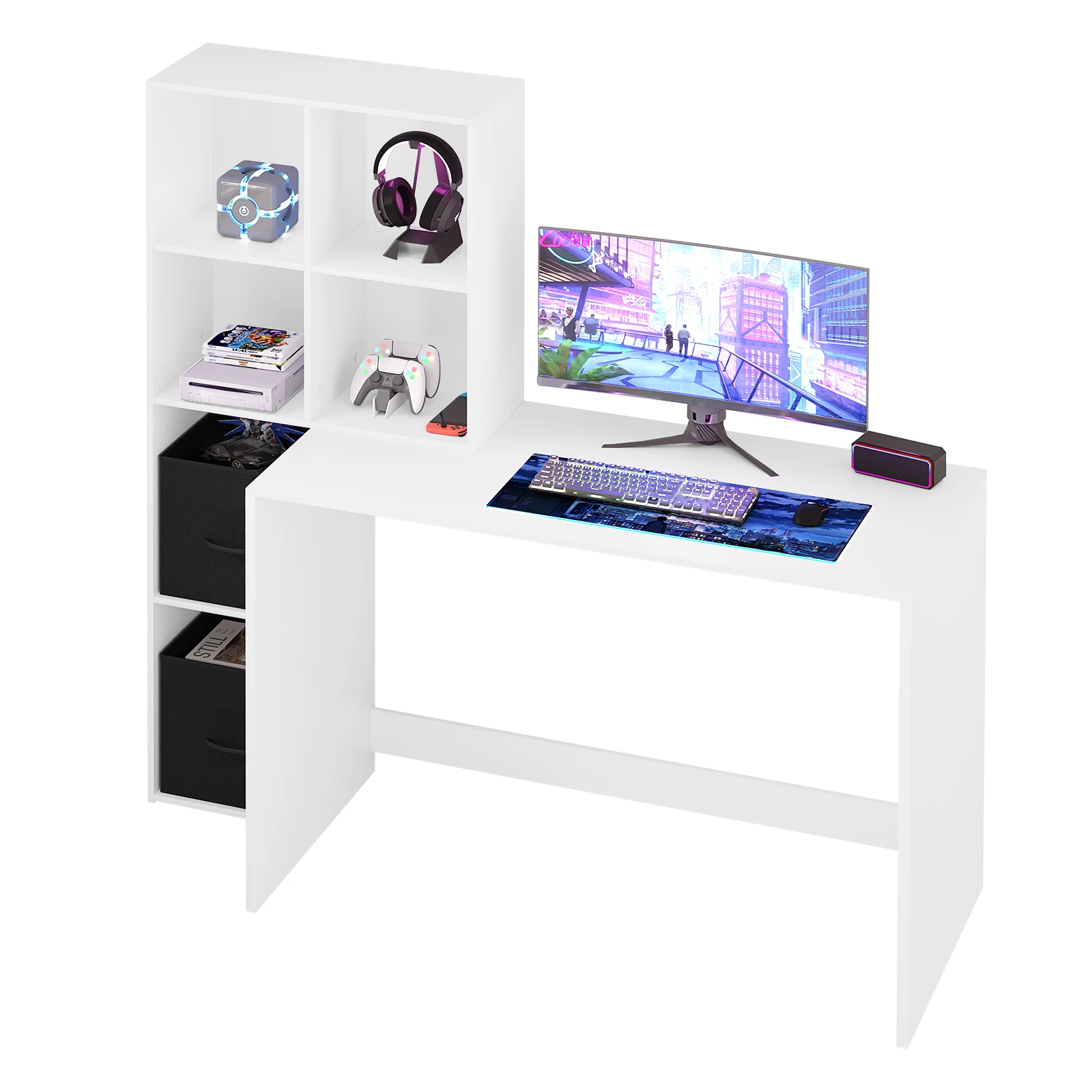 White Computer Desk Office Table with Bookshelf  Storage 140.5x134x50cm Work Study Table Home Organizer Decoration