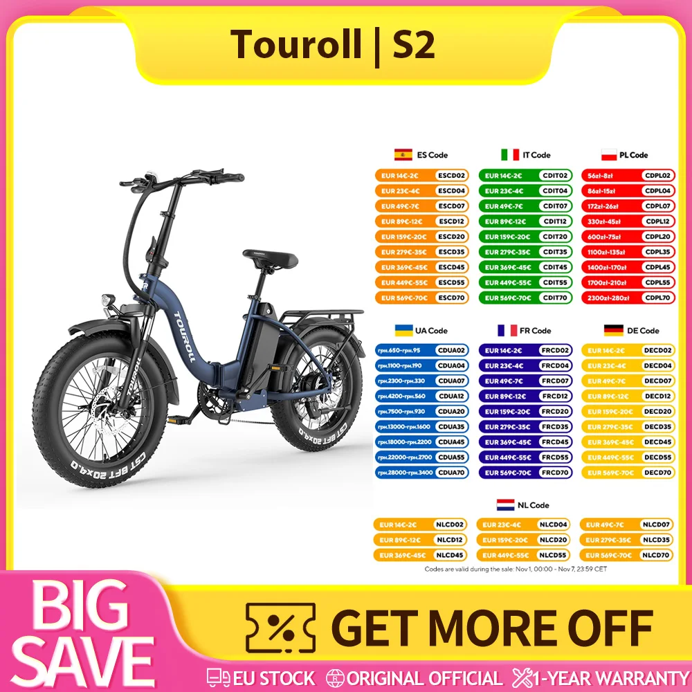 Vélo électrique Touroll S2 avec pneus tout-terrain 20*4.0, suspension amortissante, batterie haute capacité 720Wh, 25 km/h, autonomie de 150 km Vélo électrique Touroll S2 avec pneus tout-terrain 20*4.0, suspension amortissante, batterie haute capacité 720Wh, 25 km/h, autonomie de 150 km