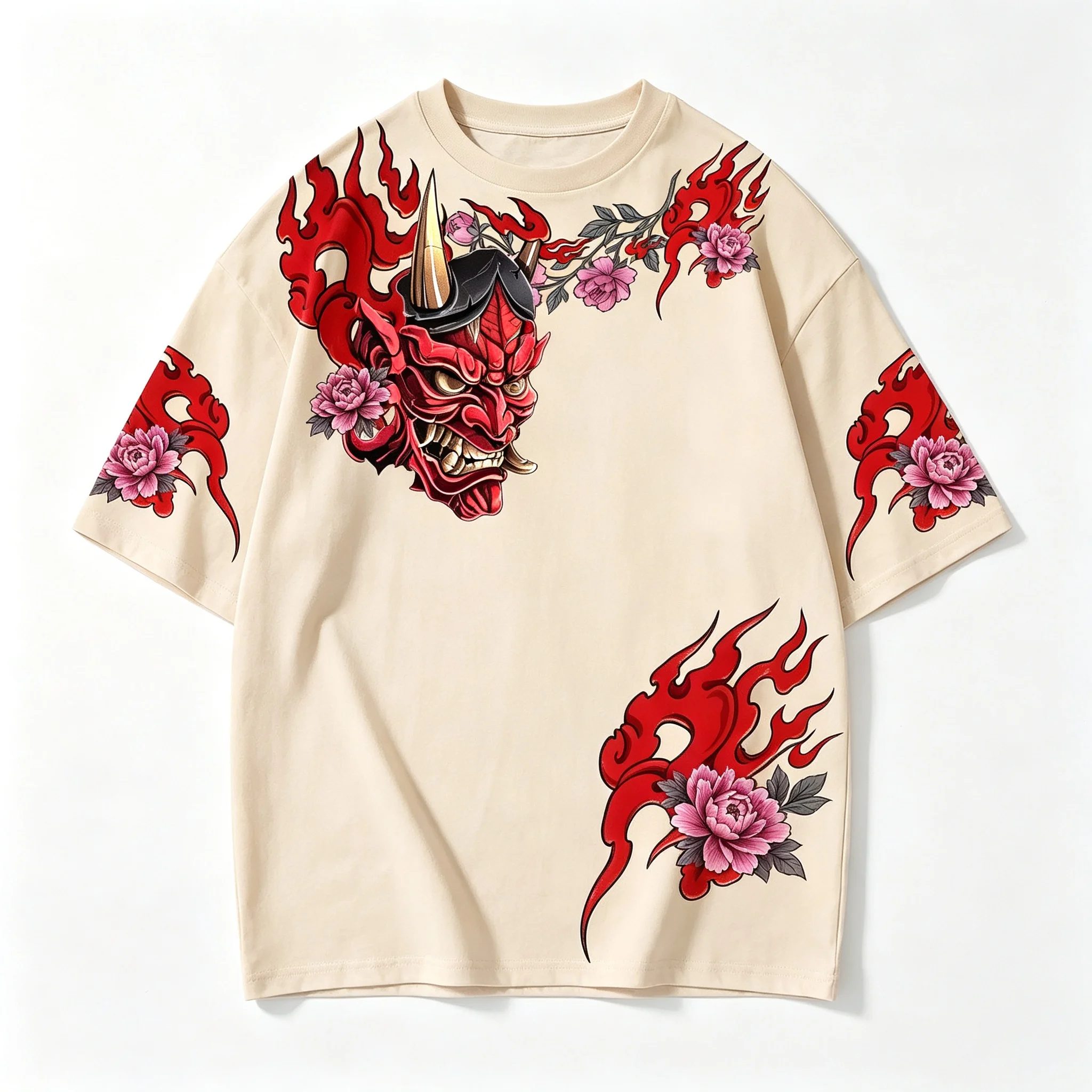 Men Japanese Hannya Demon Mask Peony Flame Graphic T-Shirt Crew Neck Short Sleeve Streetwear Casual Tee