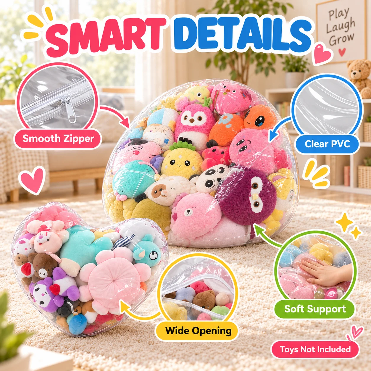 Stuffed Animal Storage Bean Bag Cover Transparent PVC Large Capacity Zipper Toy Organizer, Kids Bedroom Playroom, 4 Styles Sofa image 5