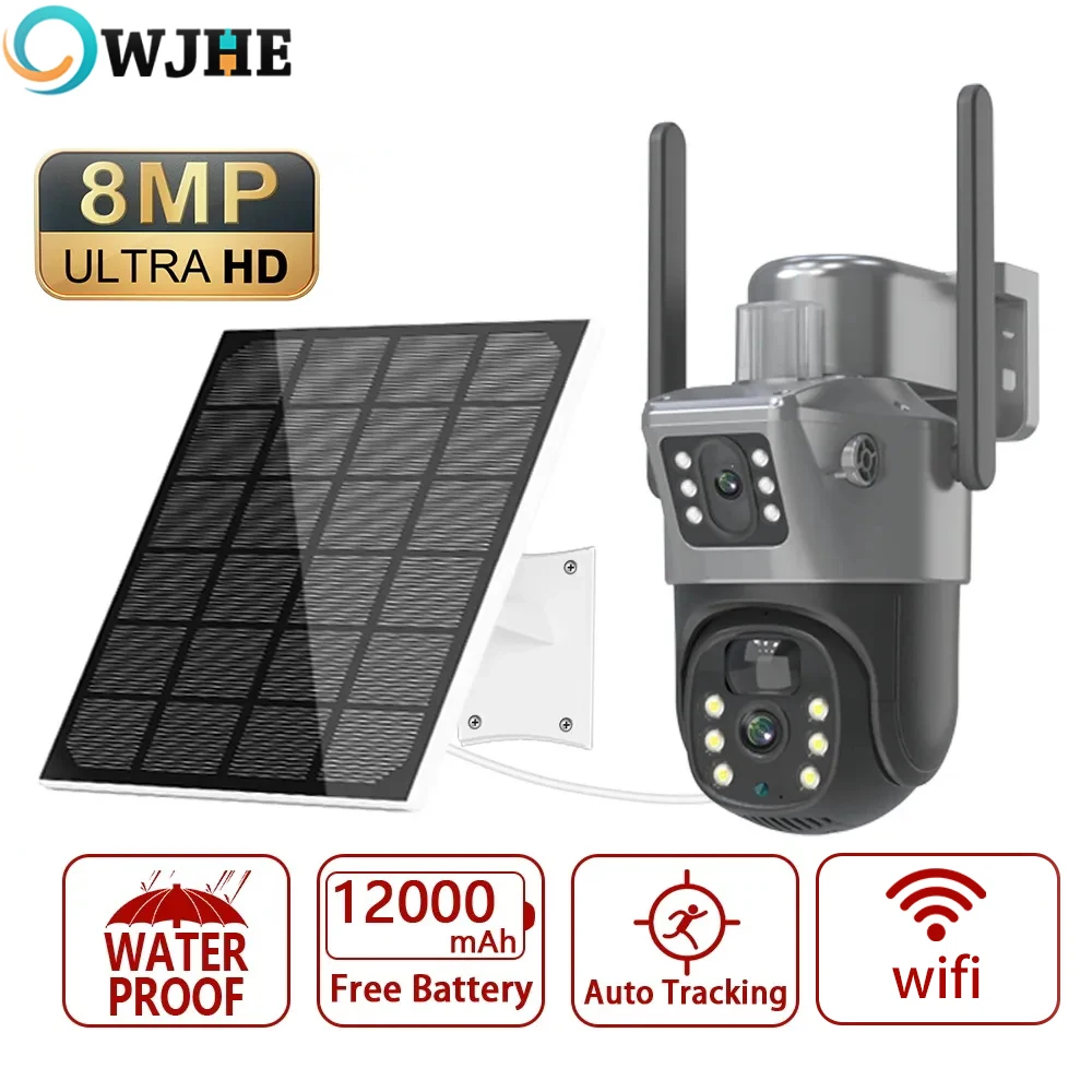 OWJHE 4K 8MP double objectif PTZ caméra solaire double écran PIR suivi humain extérieur WIFI sécurité CTV Surveillance caméra IP