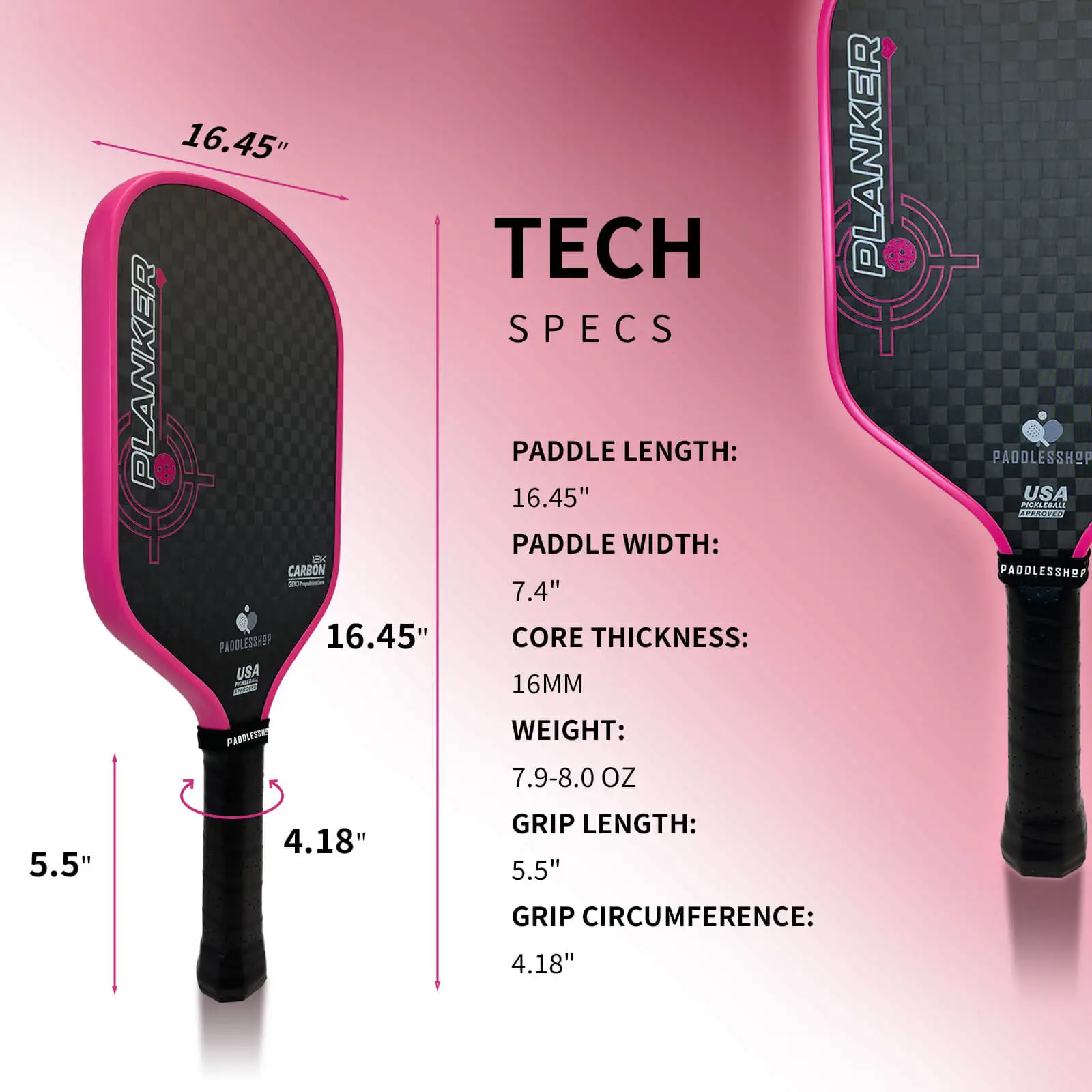Paddlesshop Planker Pickleball Paddle 12K Raw Carbon Fiber Thermoformed Unibody 16mm Upgraded Gen3 Propulsion Core Foam Injected